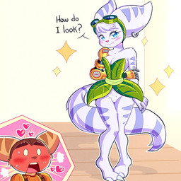 anthro blue_eyes blush bodily_fluids bottomless breasts cleavage clothed clothing cosplay crossover_cosplay crotch_tuft cybernetic_arm cybernetic_limb duo ear_piercing ear_ring exposed eyewear eyewear_on_head featureless_crotch female fluffy fluffy_tail fur goggles goggles_on_head grass_skirt handwear heart_symbol male markings piercing ring_(marking) ring_piercing ringed_tail solo_focus sparkles sparkling_background striped_markings striped_tail stripes sweat tail tail_markings topwear tuft white_body white_fur yellow_body yellow_fur manysart1 activision insomniac_games playstation ratchet_and_clank sony_corporation sony_interactive_entertainment spyro_reignited_trilogy spyro_the_dragon toys_for_bob elora ratchet_(ratchet_and_clank) rivet_(ratchet_and_clank) lombax mammal 1:1 crossover digital_media_(artwork) hi_res