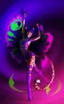 5_fingers anthro clothed clothing female fingers green_eyes hair looking_at_viewer midriff navel purple_hair smile solo standing tail neotheta farex cheetah felid feline mammal 5:8 digital_media_(artwork) hi_res