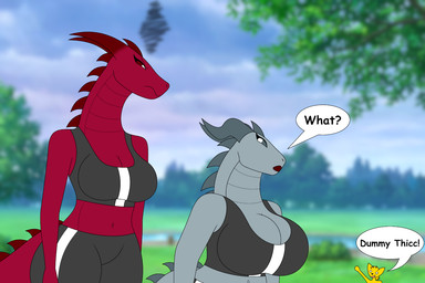anthro big_breasts bottomwear breast_envy breasts clothing duo exercise_clothing female gesture glaring grey_body hand_gesture horn huge_breasts looking_at_another looking_back navel non-mammal_breasts non-mammal_navel park pointing pointing_at_another red_body shorts size_difference slightly_chubby spandex spandex_shorts tail tight_bottomwear tight_clothing tight_shorts foxtide888 bethesda_game_studios microsoft mythology skyrim sports_bra_difference_meme the_elder_scrolls fan_character milfnir red_(colarix) dragon mythological_creature mythological_scalie scalie