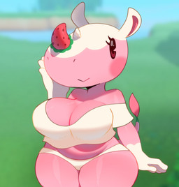 :> anthro big_head biped black_eyes blurred_background blush breasts cleavage clothed clothing crop_top curvy_figure female food gloves_(marking) hand_on_cheek humanoid_hands light_body light_skin markings outside overweight overweight_anthro overweight_female pale_skin panties pink_body pink_skin pink_tail shirt smile solo standing tail topwear underwear voluptuous white_body white_skin wide_hipped_female wide_hips somescrub animal_crossing nintendo merengue_(animal_crossing) food_creature mammal rhinoceros 2020 hi_res portrait three-quarter_portrait