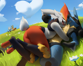ambiguous_anthro ambiguous_feral ambiguous_gender anthro blue_body blue_fur buckteeth cloud cuddling day detailed_background duo_focus feral flower fur grass group lying on_back open_mouth open_smile outside plant sky smile teeth white_body white_fur austinarts4 nintendo pokemon cinderace eevee generation_1_pokemon generation_4_pokemon generation_8_pokemon lucario pokemon_(species) riolu 2024 5:4 absurd_res digital_media_(artwork) hi_res