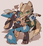 anthro blue_body blue_fur brown_body brown_fur canid canine clothing crossover duo fox fox_mccloud fur generation_4_pokemon green_eyes hi_res looking_at_viewer lucario male mammal nintendo open_mouth pokemon pokemon_(species) red_eyes rsn_07 signature simple_background star_fox