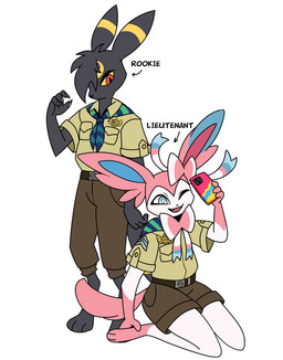 anthro badge badge_(object) barefoot black_body black_fur black_hair blue_body blue_eyes blue_fur bow_(feature) cellphone claws clothed clothing cute_fangs digitigrade duo electronics fangs feet fur hair harmony_scarf kerchief kneeling lieutenant looking_at_viewer male one_eye_closed open_mouth phone pink_body pink_fur ranger red_eyes rookie_(odeko-yma) selfie smartphone teeth tendrils white_body white_fur wink winking_at_viewer yellow_body yellow_fur yellow_sclera odeko-yma nintendo pokemon pokemon_mystery_dungeon spike_chunsoft lucky_(odeko-yma) pix_(odeko-yma) eeveelution generation_2_pokemon generation_6_pokemon pokemon_(species) sylveon umbreon absurd_res hi_res