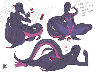 5_fingers 5_toes anthro anthrofied anus arm_support ass_up back_dimples back_groove bedroom_eyes bent_over bent_over_with_legs_held_straight big_butt big_tail black_body black_skin blush bodily_fluids body_blush butt claws crouching describing_temperature dialogue dialogue_box eyelashes featureless_chest feet female fingers flat_chested foreshortening forward_arm_support front_view furniture genital_fluids genitals half-closed_eyes heart_symbol humanoid_genitalia humanoid_vulva legs_together licking licking_lips licking_own_lips looking_at_viewer looking_back lying markings multicolored_body multiple_angles narrowed_eyes navel nude on_side pink_body pink_markings pink_skin presenting presenting_anus presenting_hindquarters presenting_vulva purple_body purple_sclera purple_skin rear_view reddened_pussy seductive self_lick simple_background sitting smile soles solo speech_bubble spread_legs spreading standing suggestive table tail talking_to_viewer teasing teasing_viewer text thick_tail thick_thighs toe_claws toes tongue tongue_out vaginal_fluids vulva vulva_blush white_background wide_hips reptilian_orbit nintendo pokemon generation_7_pokemon pokemon_(species) reptile salazzle scalie 2020 english_text signature