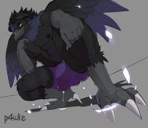 abs animal_genitalia anthro aroused big_bulge big_penis bodily_fluids bulge clothing crouching detailed_bulge dripping eyewear feet genital_fluids genital_outline genitals glass huge_penis leaking_precum male muscular muscular_anthro muscular_male musk musky_penis nipple_piercing nipples p4wlie pecs penis penis_outline pent_up piercing precum precum_drip sheath solo sunglasses talons toes underwear wet wet_clothing wet_underwear wings polaris_(texpoeexpo) avian bird corvid corvus_(genus) crow large-billed_crow oscine passerine raven absurd_res hi_res