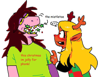 accidental_holly anthro antlers blonde_hair brown_body brown_fur brown_hair buckteeth checkered checkered_clothing checkered_sweater checkered_topwear clothing duo eating exclamation_point female fur genitals green_clothing green_shirt green_topwear hair half-closed_eyes holidays holly_(plant) horn long_hair multicolored_penis narrowed_eyes pattern_clothing pattern_sweater pattern_topwear penis plant purple_body purple_scales scales sharp_teeth shirt simple_background sweater teeth text text_on_clothing text_on_shirt text_on_topwear topwear white_background roshinyukai_rin christmas deltarune undertale_(series) noelle_holiday susie_(deltarune) deer mammal new_world_deer reindeer scalie 2025 english_description english_text meme