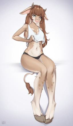 anthro bangs biped black_clothing black_panties black_underwear breasts brown_hair cleavage clothed clothing countershade_face countershade_fur countershade_torso countershading crop_top eyebrow_through_hair eyebrows eyelashes female fur grey_eyes hair hooves horn long_hair navel panties pink_inner_ear pink_nose shirt solo tail tail_tuft tan_body tan_fur text topwear translucent translucent_hair tuft underwear white_clothing white_eyes white_topwear v3nusbby honey_(kaptainleggy) bovid bovine cattle mammal 2023 absurd_res artist_name digital_media_(artwork) full-length_portrait hi_res portrait shaded