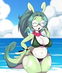 anthro armband beach belly big_breasts big_glasses black_armband black_bikini_bottom bodily_fluids bra breasts clothing eyewear female glasses green_hair hair huge_breasts lei multicolored_bra multicolored_clothing multicolored_underwear navel open_mouth solo sweat thick_thighs two_tone_bra two_tone_clothing two_tone_underwear underwear yawn thompson-vonjung aquatic_gastropod gastropod marine mollusk sea_slug slug 2024 character_request hi_res tagme