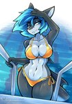 5_fingers anthro big_breasts bikini blue_eyes blue_hair breasts clothed clothed_anthro clothed_female clothing collarbone eyebrows eyelashes female fingers gold_bikini hair navel non-mammal_breasts one_eye_closed short_hair side-tie_bikini solo string_bikini swimming_pool swimwear tail text two-piece_swimsuit water wet wide_hips wink ambris golden_week erika_(ambris) fish marine shark 2025 hi_res url