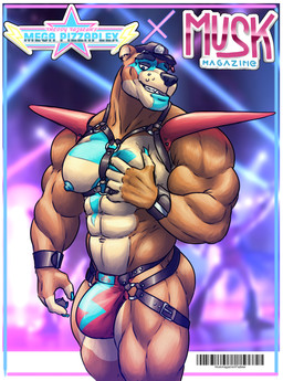 abs anthro biceps black_nose brown_body brown_fur bulge clothing eyebrows fur harness hat headgear headwear jockstrap male muscular muscular_male nipples pecs solo text underwear simonsbathtub five_nights_at_freddy's five_nights_at_freddy's:_security_breach scottgames steel_wool_studios glamrock_freddy bear mammal absurd_res cover english_text hi_res magazine_cover