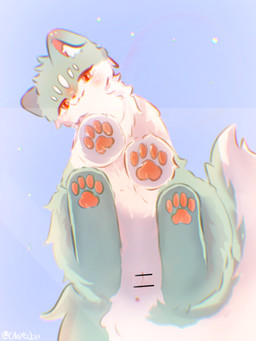 anus blush bottom_view censored_genitalia censored_vulva cheek_tuft chest_tuft facial_tuft female feral fluffy fluffy_tail fur fur_markings genitals green_body green_fur inner_ear_fluff looking_at_viewer markings multicolored_body multicolored_fur neck_tuft pawpads paws simple_background smile solo tail tuft two_tone_body two_tone_fur vulva white_body white_fur chayedan fabulous_beasts fenz_(studio) mythology maomaolei_(fabulous_beasts) canid canine mammal mythological_creature 3:4 absurd_res censored colored hi_res