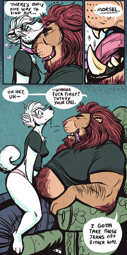 anthro anthro_on_anthro arm_hair ask_blog beard belly big_belly blush bodily_fluids body_hair chair chest_hair clothed clothing collar dialogue drooling duo facial_hair female female_prey fur furniture hair heart_symbol imminent_sex imminent_vore larger_male licking male male/female male_pred musclegut muscular muscular_male open_mouth profanity requesting saliva saliva_on_tongue saliva_string sex_request sharp_teeth sitting size_difference smaller_female smile speech_bubble teeth text tongue tongue_out user_avatar vore dramamine tumblr canid canine canis domestic_dog felid lion mammal pantherine comic english_text hi_res