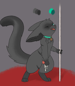 balls beak bodily_fluids collar color_swatch cum cum_drip cum_on_hand cum_on_penis dripping feral fur fur_markings genital_fluids genitals green_eyes grey_body grey_fur jewelry leaning_on_object long_ears long_tail male markings masturbation one_eye_closed open_beak open_mouth pawpads pendant penis pink_penis pole semi-anthro simple_background solo standing tail tail_markings tapering_penis tongue tongue_out anonymous_artist cacao_(character) avian bird felid feline felis hybrid mammal full-length_portrait hi_res portrait