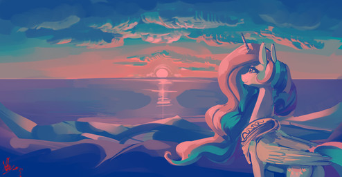 cloud cutie_mark feathered_wings feathers female feral fur hair horn jewelry landscape multicolored_hair necklace outside purple_eyes sea seaside sky smile solo sun water white_body white_feathers white_fur wings alumx friendship_is_magic hasbro my_little_pony mythology princess_celestia_(mlp) equid equine mammal mythological_creature mythological_equine winged_unicorn 2016 hi_res