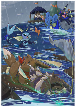 3_fingers ambiguous_gender black_body black_fur black_nose blue_body blue_eyes border cute_fangs detailed_background dragging_another eyes_closed fangs feral fingers flag fur glowing_light group island jewelry lying_on_another necklace open_mouth purple_eyes raft raining rescue ribbons scarf sea shipwreck soaked storm teeth tongue unconscious water wave white_border ni_cd0173 nintendo pokemon pokemon_mystery_dungeon spike_chunsoft eevee eeveelution furret generation_1_pokemon generation_2_pokemon generation_3_pokemon lapras pokemon_(species) umbreon vaporeon zigzagoon 2024 absurd_res hi_res