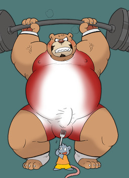 angry anthro balls_outline belly bottomwear brown_body bulge clothed clothing detailed_bulge duo erection erection_under_clothing exercise genital_outline grey_body humanoid_hands kemono male overweight overweight_male penis_outline shirt shorts simple_background size_difference topwear workout wrestling_singlet wantaro bear mammal mouse murid murine rodent 2021