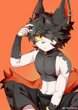 anthro black_body black_hair bottomwear clothing ear_piercing fur hair hair_over_eye holding_object looking_at_viewer male navel orange_background orange_tail piercing simple_background solo tail topwear white_body white_fur yellow_eyes mrsesame arknights hypergryph studio_montagne weibo aak_(arknights) doctor_(arknights) domestic_cat felid feline felis mammal absurd_res hi_res