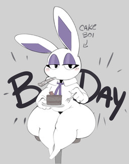 anthro birthday blush cake cutlery dessert directional_arrow femboy food fork kitchen_utensils male plate solo text tools virito mel_doce_(virito) lagomorph leporid mammal rabbit absurd_res english_text hi_res