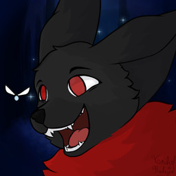 ambiguous_gender big_ears black_body black_fur blue_background dark_body dark_fur fangs feral fluffy fur glowing happy neck_tuft night open_mouth open_smile pointy_ears red_body red_eyes red_fur sharp_teeth simple_background smile solo teeth toony tuft vandalredeye canid canine mammal rey_(species) 1:1 digital_media_(artwork) hi_res portrait signature