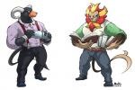 anthro anthrofied belt blue_eyes book clothed clothing duo eyewear footwear fur hair horn male monocle pokemorph reading red_eyes shoes maldu nintendo pokemon canid canine felid generation_2_pokemon generation_6_pokemon houndoom mammal pantherine pokemon_(species) pyroar