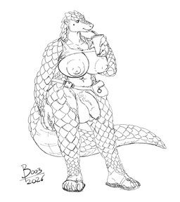 anthro balls beverage big_balls big_breasts big_penis breasts clothed clothing fanny_pack flip_flops footwear foreskin genitals gynomorph intersex milkshake nipples partially_clothed penis sandals shoes slightly_chubby solo boo3 jules_(boo3) mammal pangolin