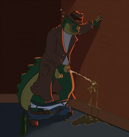 alley anthro balls bodily_fluids bottle bottomwear bottomwear_down brick_wall bubble claws clothed clothing container drunk drunk_bubble fedora foreskin genital_fluids genitals green_body hat headgear headwear male male_peeing pants pants_down partially_clothed peeing penis public_urination simple_background solo substance_intoxication underwear underwear_down urine wall_(structure) yellow_eyes kaimee cregon alligator alligatorid crocodile crocodilian reptile scalie hi_res