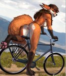 anthro anus bicycle blue_eyes breasts brown_hair butt digitigrade eyelashes feet female fluffy fluffy_tail genitals hair nature nipples outside pawpads paws pussy smile solo tail vehicle eleacat canid canine fox mammal 2024 hi_res