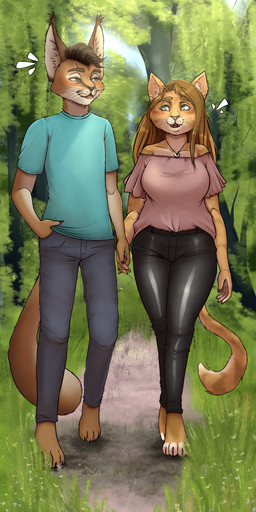 5_fingers anniversary anthro barefoot big_breasts biped blue_eyes blush bottomwear breasts clothed clothing denim denim_bottomwear denim_clothing detailed_background duo feet female fingers forest fur glistening glistening_clothing grass hair jeans leaf leather leather_bottomwear leather_clothing leather_pants male male/female open_mouth outside pants plant shirt sky smile standing strolling sun sunny t-shirt tail text toes topwear tree walking conditional_dnp nikoyishi niko_(nikoyishi) caracal caracal_(genus) domestic_cat felid feline felis mammal 2020 absurd_res digital_media_(artwork) english_text hi_res shaded wallpaper