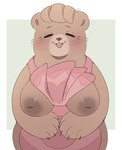 anthro areola biped blush border breasts brown_body brown_fur eyes_closed female fur inverted_nipples mature_female nipples open_mouth simple_background solo white_border anotherbearsimp bear_and_breakfast margaret_(bear_and_breakfast) bear mammal hi_res