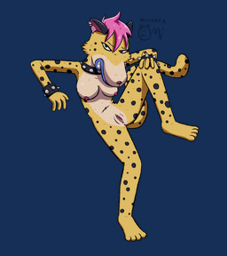 4_fingers 4_toes anthro areola arm_support black_ears blue_lips bracelet breasts cheek_tuft collar ear_piercing ear_ring facial_tuft feet female fingers genitals hair jewelry leaning_on_elbow light_belly lips looking_at_viewer markings navel piercing pink_areola pink_hair presenting presenting_vulva ring_piercing smile snout spiked_bracelet spiked_collar spikes spots spotted_body tail toes tuft vulva michata robot_dreams cheetah_(robot_dreams) cheetah felid feline mammal alpha_channel hi_res signature