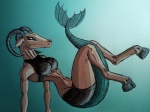 anthro barefoot big_breasts biped blue_eyes bottomwear breasts brown_body brown_skin clothing feet female fin fish_tail fur grey_body grey_fur hooves horn leather non-mammal_breasts personification scan shirt shorts side_view solo topwear underwater water heavel western_zodiac capricorn_(heavel) capricorn_(zodiac) capricorn hybrid scalie sea_goat 2013 4:3 absurd_res hi_res