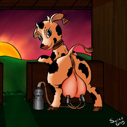 anthro anus blue_eyes butt collar ear_piercing ear_tag female genitals grass looking_at_viewer looking_back looking_back_at_viewer machine milking_machine naughty_face piercing plant pose presenting presenting_hindquarters raised_tail seductive sky smile solo suggestive sun tail teats udders vulva saine_grey bovid bovine cattle dairy_cattle holstein_friesian_cattle mammal 1:1 2015 digital_media_(artwork) full-length_portrait hi_res portrait