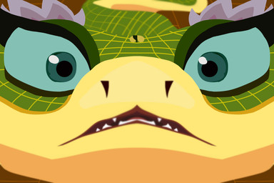 blurred_foreground extreme_close-up eyelashes fangs female feral flower green_body looking_at_viewer open_mouth plant purple_flower teal_eyes teeth yellow_body toiletdestroyer dreamworks kung_fu_panda master_viper green_tree_viper pit_viper reptile scalie snake viper 3:2 hi_res