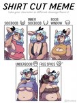 anthro blep blue_hair breast_squeeze breasts choker cleavage cleavage_cutout clothed clothing covering covering_breasts crop_top cutout duo female female/female hair jewelry necklace overweight overweight_anthro overweight_female shirt side_boob squeezing text tongue tongue_out topwear under_boob luxatile shirt_cut_meme colette_(luxatile) isabelle_(luxatile) deer mammal new_world_deer reindeer english_text hi_res meme trans_(lore) trans_woman_(lore)