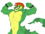 anthro biceps cocky_smile eyewear facial_piercing flexing glasses green_body hair male mohawk muscular nose_piercing nose_ring piercing ring_piercing solo spots teeth monnsty five_nights_at_freddy's five_nights_at_freddy's:_security_breach scottgames steel_wool_studios montgomery_gator alligator alligatorid crocodilian reptile scalie 4:3 hi_res