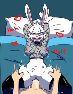 anthro bodypaint buckteeth clothing duo female fishnet_clothing fishnet_shirt fishnet_topwear from_front_position jodie lying male male/female missionary_position offscreen_male on_back sex shirt smile teeth topwear peacemaker822 anon lagomorph mammal hi_res