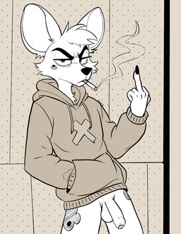 5_fingers angry anthro balls big_ears biped bottomless bottomless_anthro bottomless_male casual_exposure cheek_tuft cigarette cigarette_in_mouth cigarette_smoke closed_frown clothed clothed_anthro clothed_male clothing colored_nails drawstring drawstring_clothing drawstring_hoodie drawstring_topwear eyebrows facial_tuft fingernails fingers flaccid flipping_viewer_off foreskin front_view frown frowning_at_viewer genitals gesture gesturing_at_viewer glare glaring_at_viewer half-closed_eyes hand_gesture hand_in_pocket head_tuft hood hood_down hoodie hoodie_only humanoid_genitalia humanoid_hands humanoid_penis long_fingernails looking_at_viewer male male_anthro markings middle_finger mole_(marking) mouth_closed nails narrowed_eyes object_in_mouth partially_retracted_foreskin penis pockets slim slim_anthro slim_male smoke smoking snout solo topwear topwear_only tuft urethra aaron_pictus african_wild_dog canid canine mammal absurd_res hi_res portrait restricted_palette three-quarter_portrait