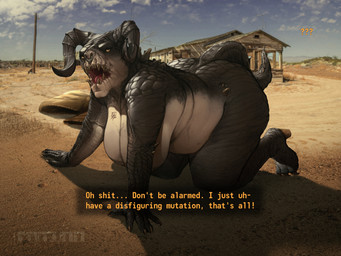 all_fours anthro belly big_breasts big_butt big_horn breasts butt claws clothing curved_horn desert dialogue dialogue_box eyelashes facial_piercing female female_anthro footwear glowing glowing_eyes hanging_breasts high_heels horn huge_breasts long_eyelashes long_nails long_tail looking_at_viewer nose_piercing nose_ring nude nude_anthro nude_female orange_eyes outside overweight overweight_anthro overweight_female piercing ring_piercing scar shoes solo tail text wide_hipped_anthro wide_hipped_female wide_hips band1tnsfw bethesda_game_studios fallout microsoft deathclaw lizard reptile scalie 4:3 absurd_res digital_drawing_(artwork) digital_media_(artwork) english_text hi_res portrait