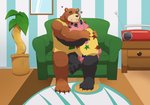 anthro black_body black_fur brown_body brown_fur clothing duo eyes_closed fur furniture heart_symbol hug inside male male/male overweight overweight_male shirt sitting sofa topwear k_hunnicutt animal_crossing nintendo chow_(animal_crossing) teddy_(animal_crossing) bear giant_panda mammal 2020 hi_res