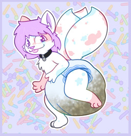 3_tails 3_toes 4_fingers ambiguous_gender anthro black_collar blue_markings blue_tail border clothed clothing collar diaper feces feet fingers fur glistening glistening_eyes gloves_(marking) hair leg_markings markings multi_tail on_one_leg orange_markings pooping purple_border purple_hair purple_inner_ear purple_nose side_view simple_background smile socks_(marking) soiled_diaper soiling soiling_diaper solo sprinkles standing tail tail_markings toes tongue tongue_out unclean_diaper used_diaper wearing_diaper wetness_indicator white_body white_fur law_azure kaycee_(squishykaycee) domestic_cat felid feline felis mammal 2022 full-length_portrait hi_res portrait