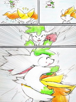 ambiguous_gender anthro blush blush_lines collision duo emanata eyes_closed face_in_crotch feral flying fur green_eyes happy inner_ear_fluff motion_lines multicolored_body open_mouth orange_body orange_eyes orange_fur pawpads paws simple_background size_difference solo tail tongue tuft white_body white_fur eiroru nintendo pokemon braixen canid canine generation_4_pokemon generation_6_pokemon legendary_pokemon mammal pokemon_(species) shaymin sky_forme_shaymin 2025 3:4 comic graphite_(artwork) hi_res traditional_media_(artwork)