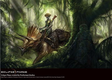 ambiguous_gender bone_frill detailed_background duo_focus feral forest frill_(anatomy) group hiding horn jungle machine nature outside plant riding straddling text tree weapon unknown_artist eclipse_phase posthuman_studios android ceratopsian dinosaur humanoid ornithischian prehistoric_species reptile robot scalie triceratops english_text