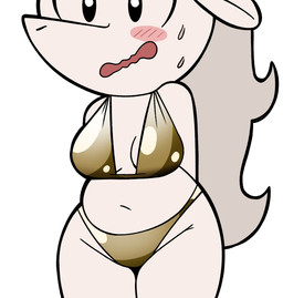 anthro bikini blush bodily_fluids breasts clothed clothing female fur gold_bikini looking_at_viewer open_mouth solo sweat swimwear thick_thighs topwear two-piece_swimsuit white_body white_fur mr_harinezumi golden_week oraculo_(el_senor_erizo) bovid caprine goat mammal hi_res