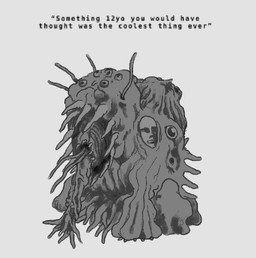 ambiguous_gender antennae_(anatomy) body_horror humanoid_face nightmare_fuel not_furry open_mouth sharp_teeth simple_background solo teeth text unusual_anatomy what white_background plastiboo monster 2022 english_text greyscale monochrome