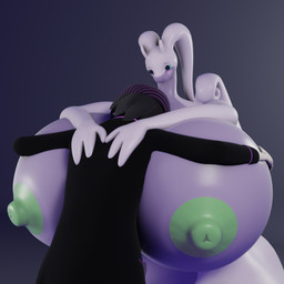 anthro areola big_breasts black_clothing breasts clothing cuddling duo face_in_breasts female green_areola green_eyes green_nipples hand_on_breast hands_on_back huge_breasts hyper hyper_breasts larger_female male multicolored_body nipples purple_body simple_background size_difference smaller_male two_tone_body darkdraketom nintendo pokemon pokemon_trainer generation_6_pokemon goodra human mammal pokemon_(species) 1:1 3d_(artwork) digital_media_(artwork)