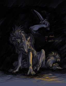 ambiguous_gender betrayal black_background blue_eyes claws dagger depression detailed_background disembodied_hand duo fur handpaw holding_object holding_weapon melee_weapon nude paws sad semi-anthro simple_background sitting text weapon white_body white_fur novawuff ambiguous_species canid canine canis mammal wolf 2006 dark_theme english_text