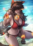 beach big_breasts bikini black_body black_fur black_hair black_sclera blep breasts camel_toe chest_tuft clothing eye_flame fangs female fire flaming_eyes fur grey_body grey_skin hair hair_over_eye kneeling long_hair looking_at_viewer monster_girl_(genre) one_eye_obstructed orange_eyes red_bikini red_clothing red_swimwear seaside skull_accessory solo swimwear tail teeth thick_thighs tongue tongue_out tuft two-piece_swimsuit zeen3 monster_girl_encyclopedia mythology eris_(1ndiansumm3r) hellhound_(mge) animal_humanoid canid canid_demon canid_humanoid canine demon hellhound humanoid mammal mammal_humanoid mythological_canine mythological_creature 2022 absurd_res hi_res