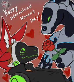 anthro blush blush_lines cybernetics duo flower gift machine plant protogen_face protogen_visor smile smiling_at_another smiling_at_each_other smiling_at_partner sjey_arts international_women's_day harry_the_synth sjey_(sjey_arts) android cyborg protogen robot scalie synth_(vader-san) hi_res