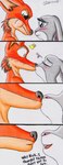 2016 absurd_res ambiguous_gender anthro black_nose blush canid canine comic dialogue disney english_text eyes_closed female fox green_eyes heart_symbol hi_res judy_hopps kissing lagomorph leporid male male/female mammal nick_wilde pink_nose pouting purple_eyes rabbit red_fox simple_background surprise text the1king true_fox white_background zootopia