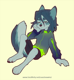 anthro chibi clothing fur grey_body grey_fur male sad sitting solo text rexwind canid canine canis mammal wolf digital_media_(artwork) url